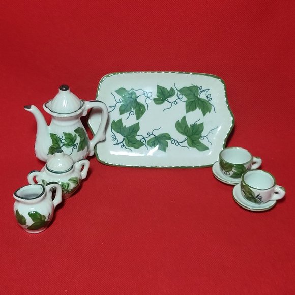 VTG Miniature Teapot Set Ivy Green Leaves 10 Pc - Picture 13 of 15